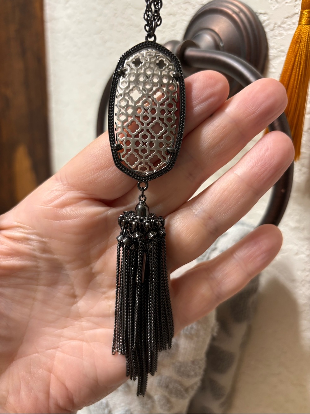 Kendra Scott Gunmetal Filigree Oval Tassel Necklace